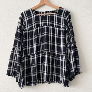 A.N.A Black/White Plaid Tiered Peplum Blouse w/ Bell Sleeved sz Large NWT